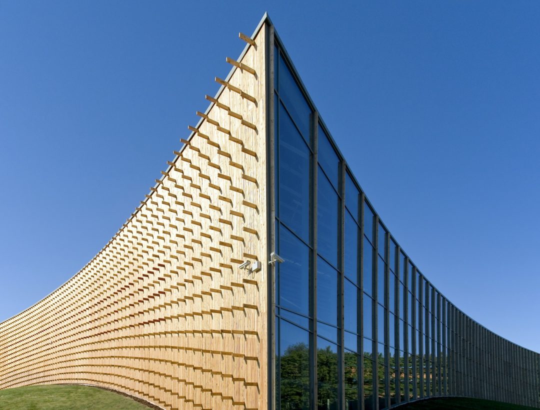 Modern building interior showing exposed timber beams and wood cladding ceiling — timber false ceiling design Bangladesh
