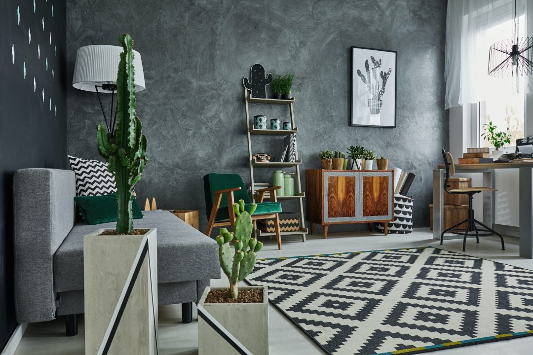 Eclectic modern interior with textured walls, mixed furniture, plants and layered accessories — interior design Dhanmondi Dhaka