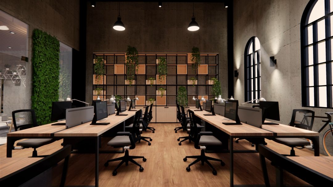 Modern office interior with biophilic living wall, timber desks, black task chairs and industrial pendant lighting — corporate office interior design Bangladesh