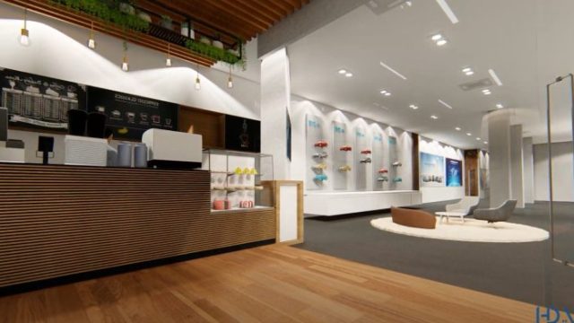 BYD showroom Dhaka customer experience zone interior — warm timber slatted counter, undulating wave-form white ceiling with timber batten baffles and Edison pendant lights, living green plant wall, BYD vehicle colour swatch wall with arched alcoves, circular lounge seating platform — House De Arch Bangladesh