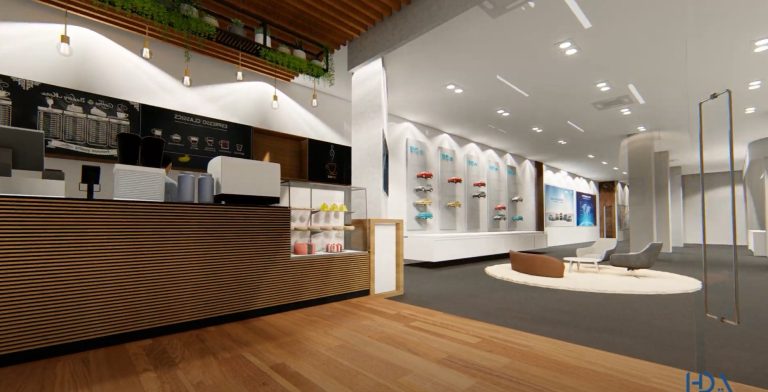 BYD showroom Dhaka customer experience zone interior — warm timber slatted counter, undulating wave-form white ceiling with timber batten baffles and Edison pendant lights, living green plant wall, BYD vehicle colour swatch wall with arched alcoves, circular lounge seating platform — House De Arch Bangladesh
