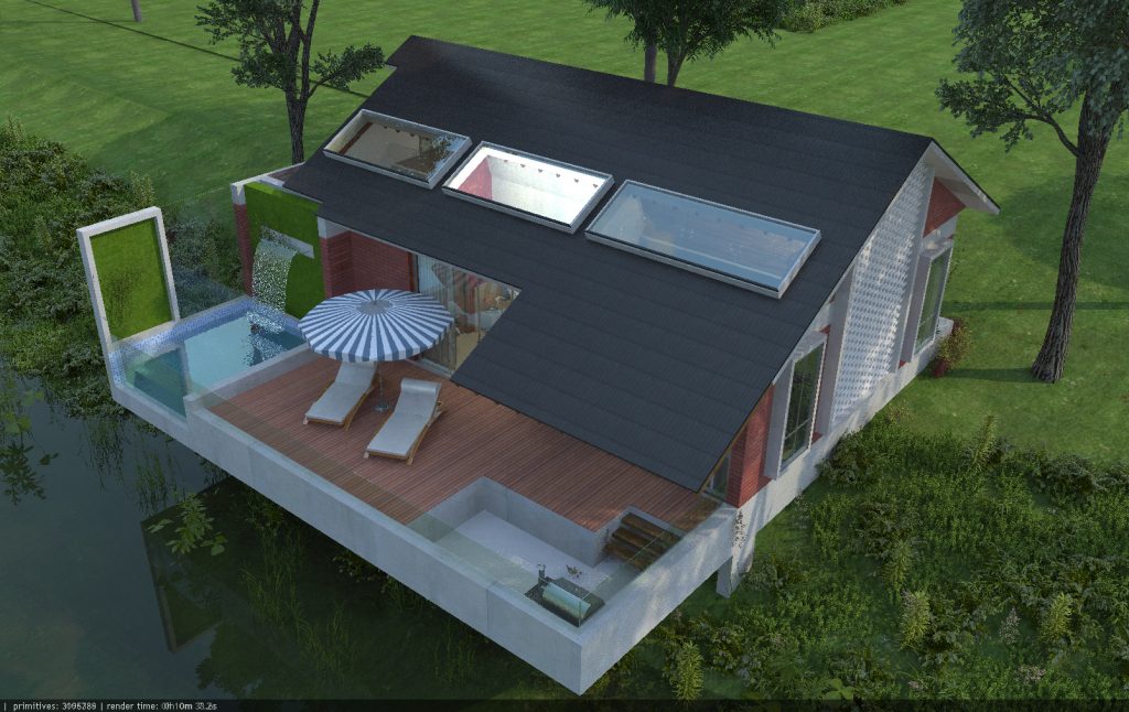 Luxury home interior design Dhaka Bangladesh — PKP Cottage cantilevered timber deck with plunge pool, mature trees and outdoor dining — House De Arch residential