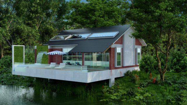 PKP Cottage front elevation exterior — dark pitched roof with skylights, red brick façade, full-height glazing, timber deck with plunge pool and waterfall, tropical trees and water reflection, Bangladesh residential design by House De Arch