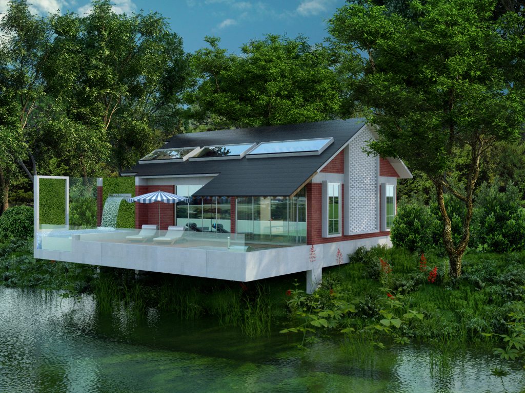 PKP Cottage front elevation exterior — dark pitched roof with skylights, red brick façade, full-height glazing, timber deck with plunge pool and waterfall, tropical trees and water reflection, Bangladesh residential design by House De Arch