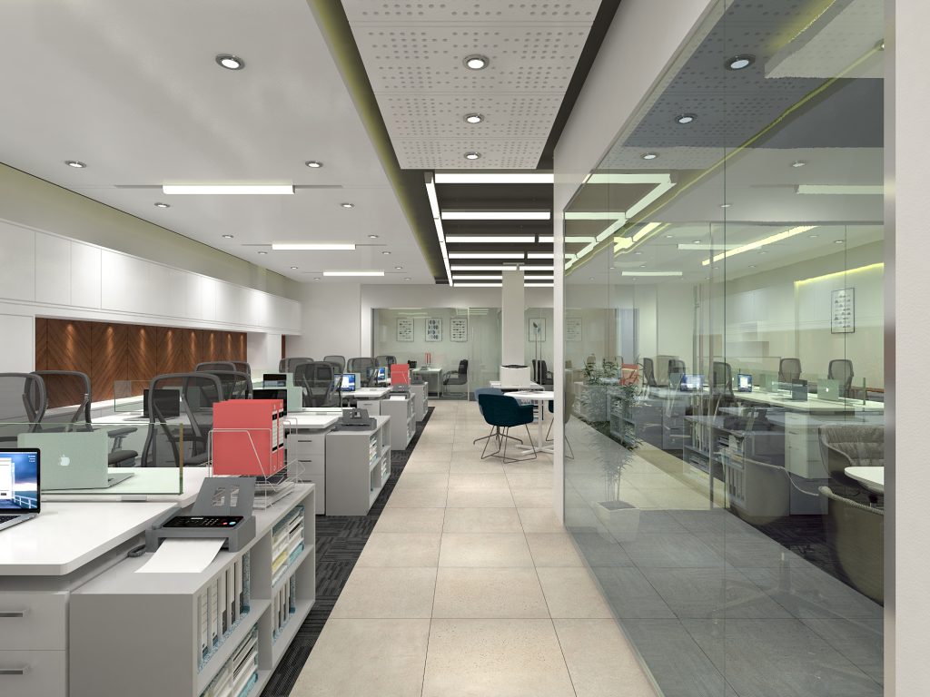 Interior design cost guide Bangladesh — premium office full floor plate with glass partitions walnut panels and geometric LED ceiling — what a well-budgeted project delivers — House De Arch