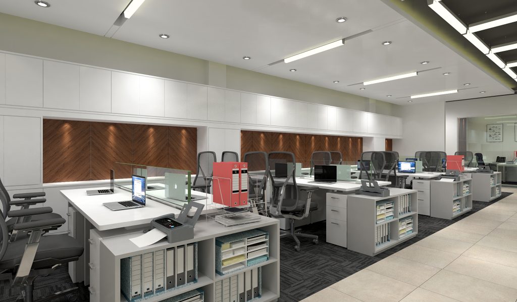 Professional office workstation with white desk, ergonomic chair, laptop and walnut herringbone feature wall — home office design Bangladesh