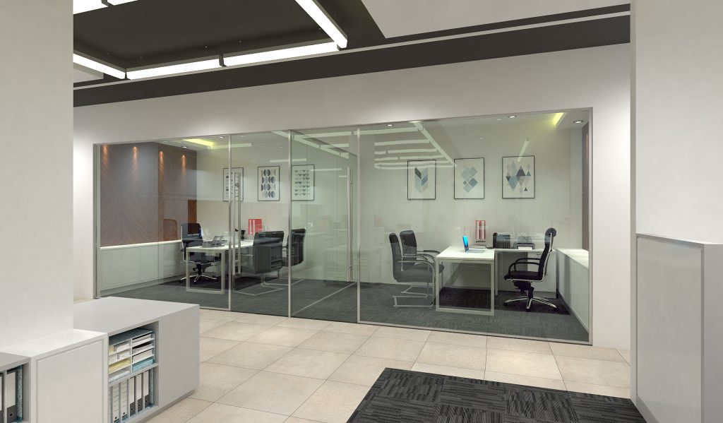 Red Crescent office glass partition private offices Dhaka — full-height frameless glass walls, individual private cabins with white desks and dark chairs, geometric artwork triptychs, dark carpet tile, white storage unit with binders foreground — House De Arch Bangladesh