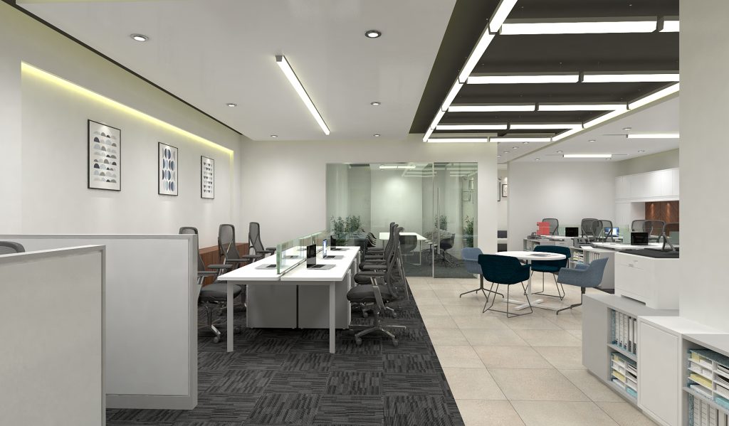 Red Crescent office panoramic view Dhaka — wide-angle showing open-plan workstations left, informal lounge zone with round table and blue chairs centre, glass-walled private offices right, geometric LED coffered ceiling throughout, geometric artwork series on walls — House De Arch office interior design Bangladesh
