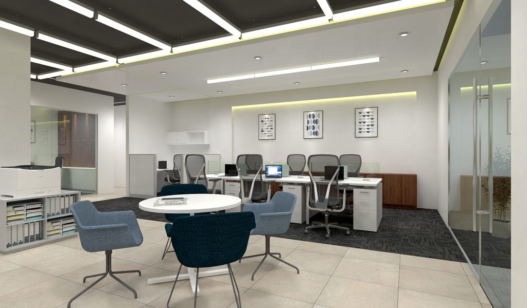 Office informal meeting zone with round white coffee table, blue and teal lounge chairs, geometric LED ceiling — office furniture guide Bangladesh