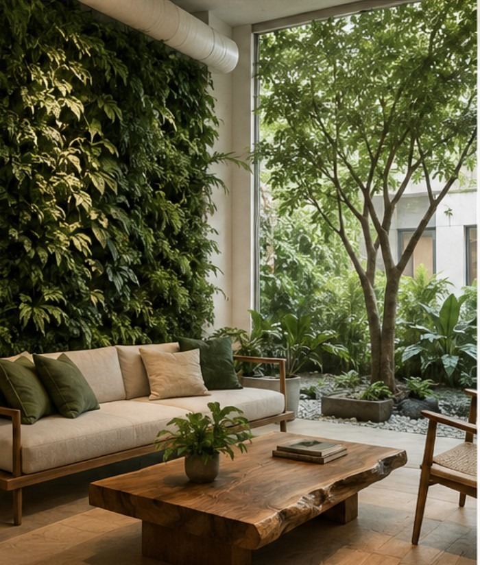 Biophilic interior with full-height living plant wall, linen sofa with olive cushions, live-edge timber coffee table and floor-to-ceiling glass — sustainable interior design Bangladesh