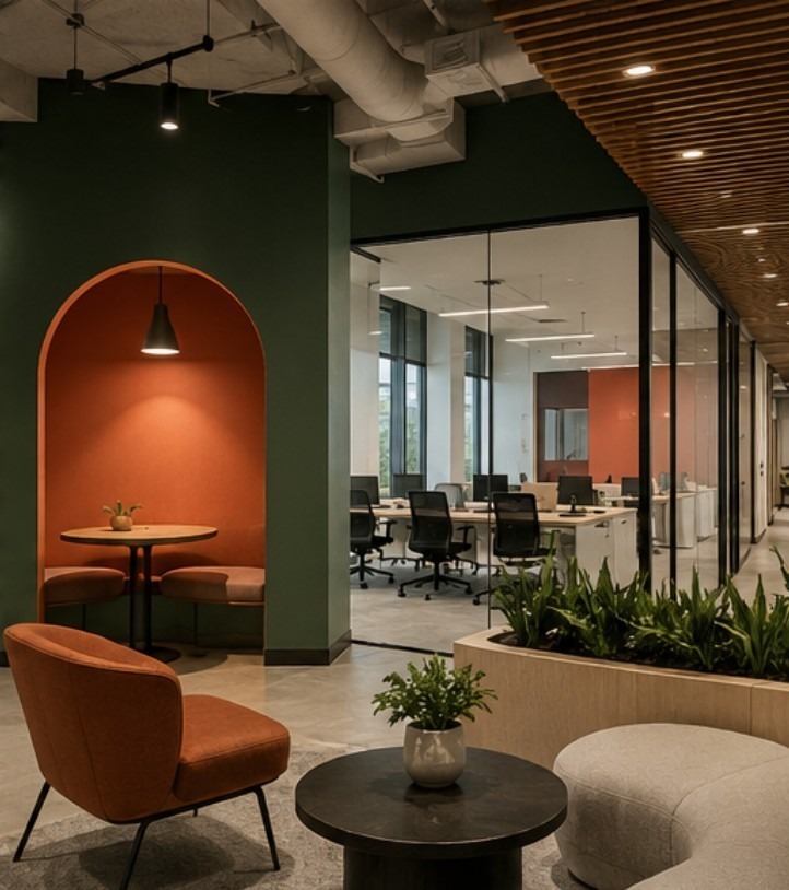Premium commercial office interior with forest green walls and terracotta arched nook — interior design Banani Dhaka