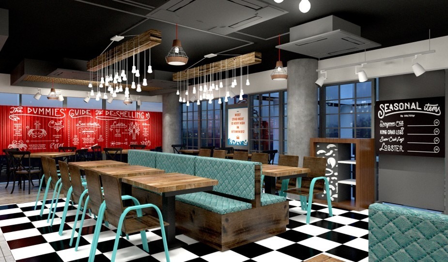 The Holy Crab main dining zone — teal diamond-quilted banquette seating, reclaimed timber communal tables, teal powder-coated chairs, black-and-white checkerboard floor and red Dummies Guide to De-Shelling mural, Gulshan Dhaka