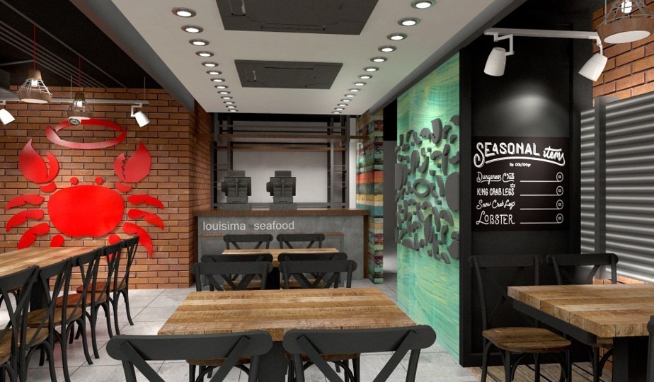 The Holy Crab restaurant interior — exposed brick wall with large red crab steel sculpture, timber counter service station and Seasonal Items chalk menu board, Gulshan Dhaka