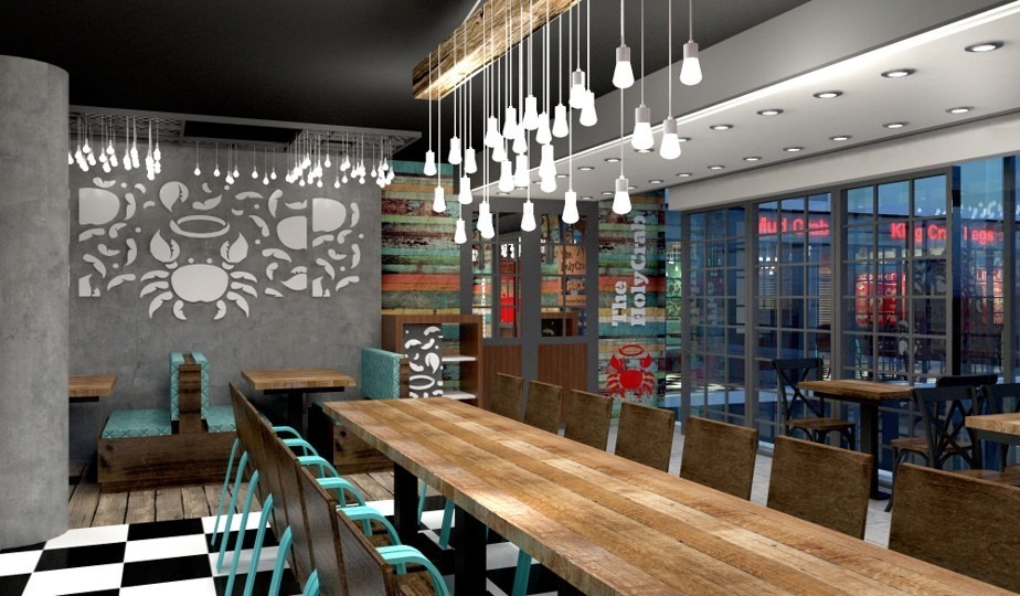 The Holy Crab restaurant communal dining table — reclaimed timber surface, teal powder-coated chairs, cascading Edison bulb chandelier on reclaimed timber frame, laser-cut seafood motif wall panel and floor-to-ceiling windows to Gulshan street