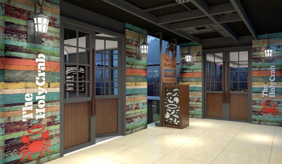 The Holy Crab restaurant entrance — multi-coloured reclaimed timber facade with coach lanterns and branded French doors, Gulshan Dhaka, designed by House De Arch