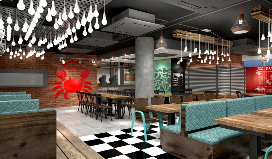 The Holy Crab restaurant full interior view — exposed brick with red crab mural, teal banquette seating, cascading Edison bulb cluster, corrugated steel panel, teal ocean mural and Seasonal Items board, Dhaka