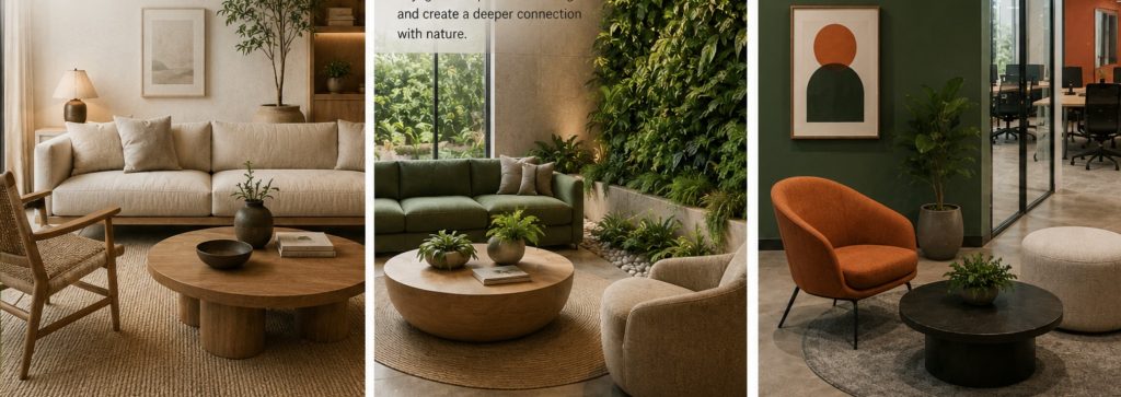 Interior design styles comparison — Japandi warm living room, biophilic green wall space and bold colour commercial office showing three major 2025 design directions in Bangladesh
