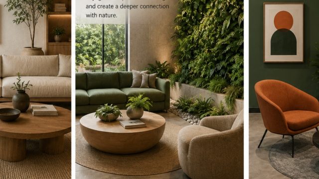 Top interior design trends Bangladesh 2025 — Japandi warm living room, biophilic green wall space and bold colour commercial office, three-panel hero image by House De Arch