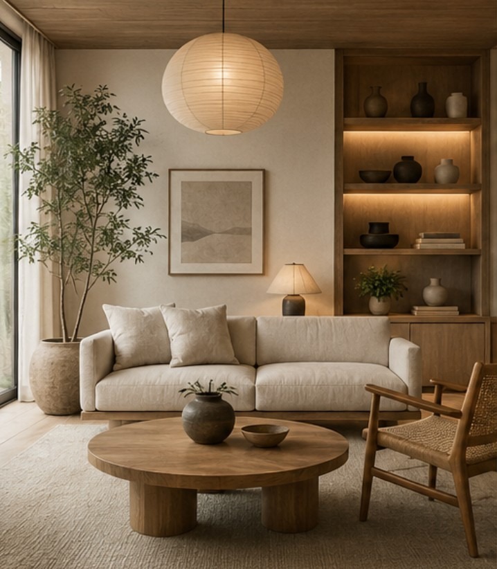 Japandi living room interior — cream linen sofa, solid timber round coffee table, rattan chair, globe pendant light, built-in timber shelving with ceramics — living room interior design Dhaka